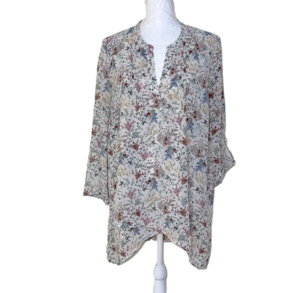DR2 by Daniel Rainn Multi-Color Floral 3/4 Sleeve Split Neck Tunic Blouse-Sz Med - Picture 1 of 11